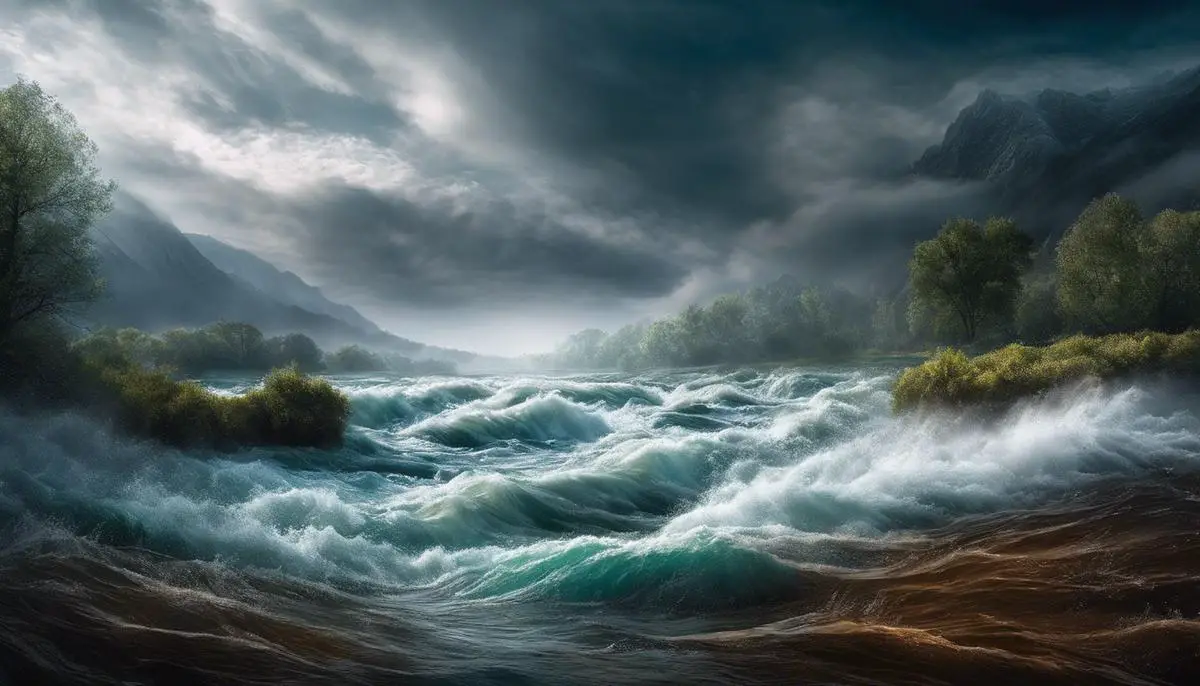Image of a flood in a dream, depicting turbulent waters and intense emotions