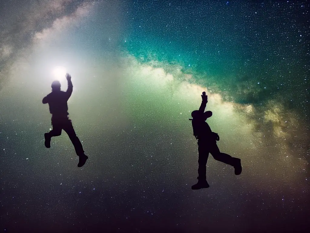 An image of a person flying in the air with stars and circles in the background