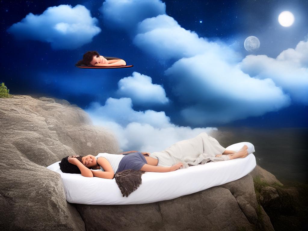 A person sleeping and hovering above their bed in a night sky filled with clouds and stars