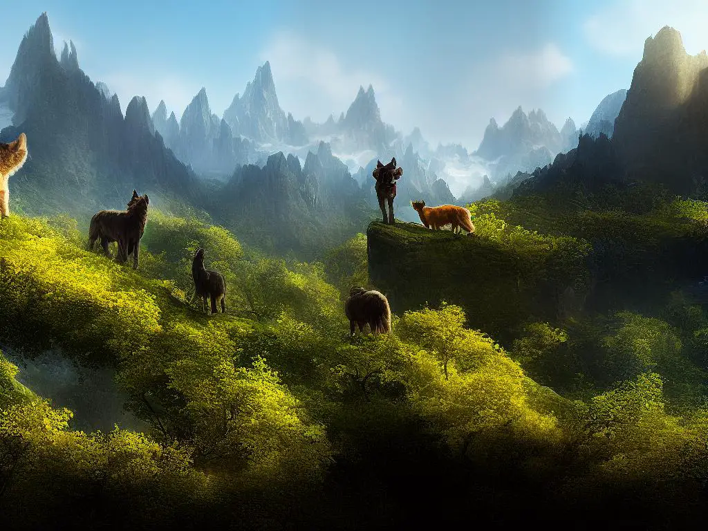 A digital illustration of a massive, furry creature towering over a mountain range, with tiny humans in the background.