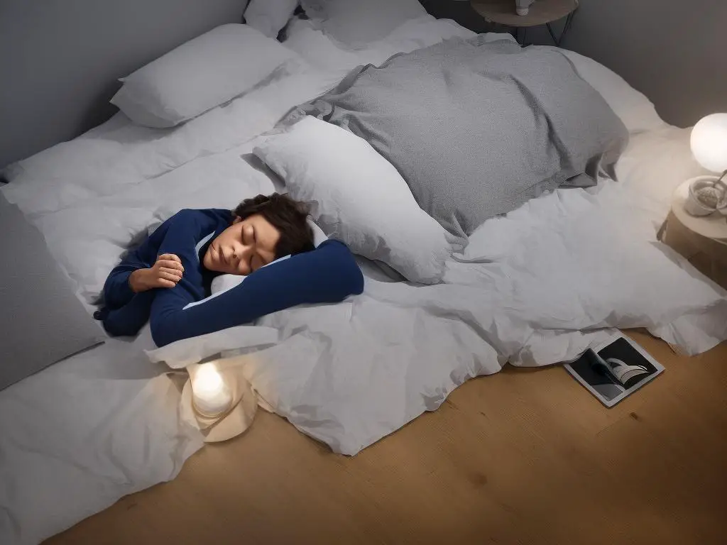 A person sleeping in a dark, quiet, and cool room with a comfortable sleeping environment and no screens or bright lights in sight to promote deep and restful sleep.