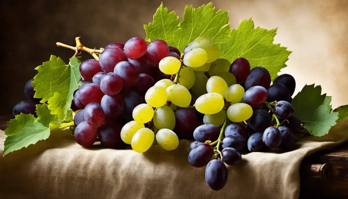 Images of various grape bunches, symbolizing abundance, prosperity, creativity, rejuvenation, and fertility.