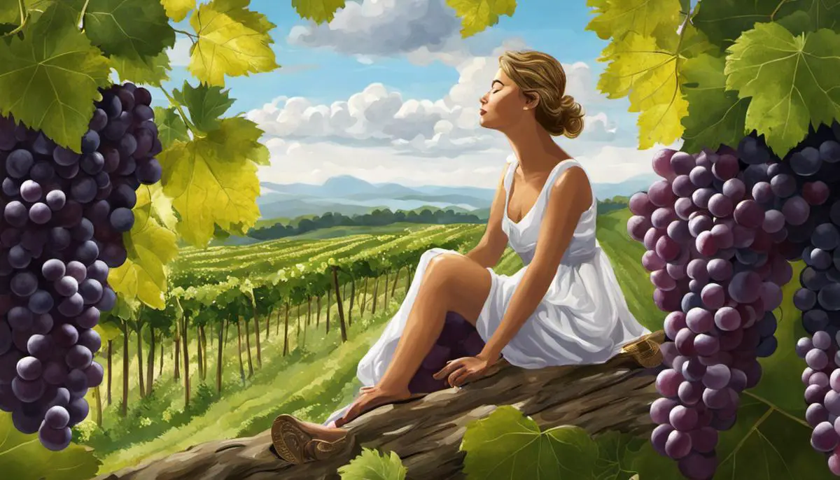 Illustration of a person dreaming about grapes representing abundance and wealth.