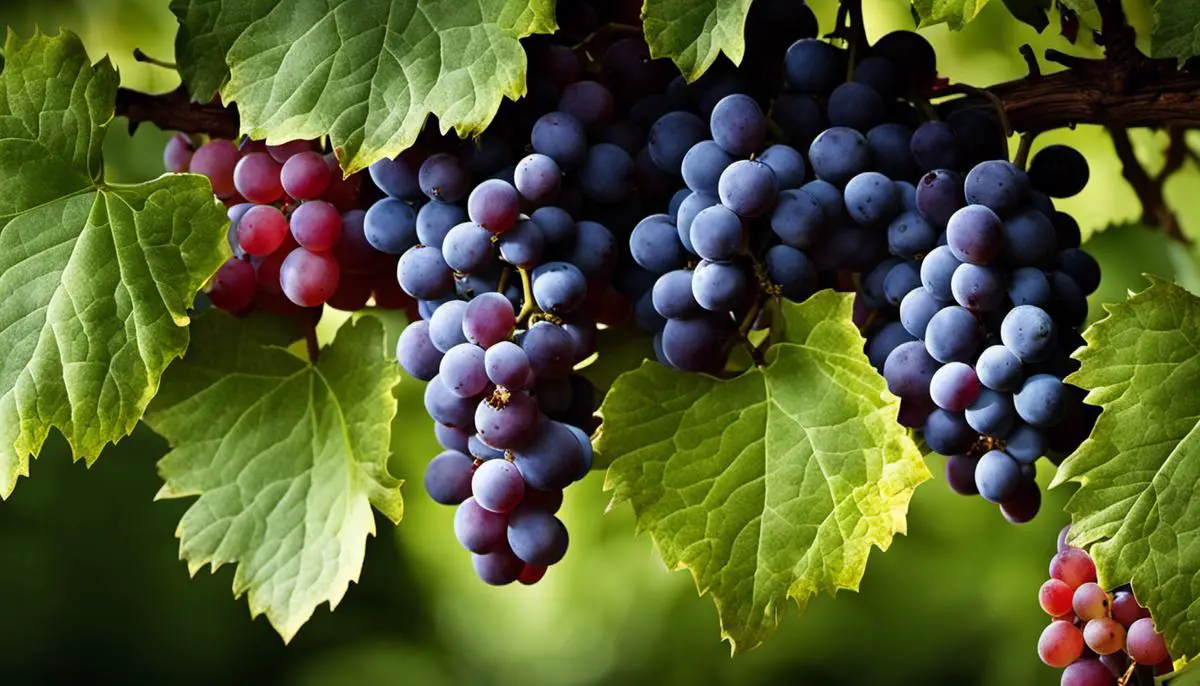 A group of ripe grapes on a vine, symbolizing growth, abundance, and fruitful endeavors.