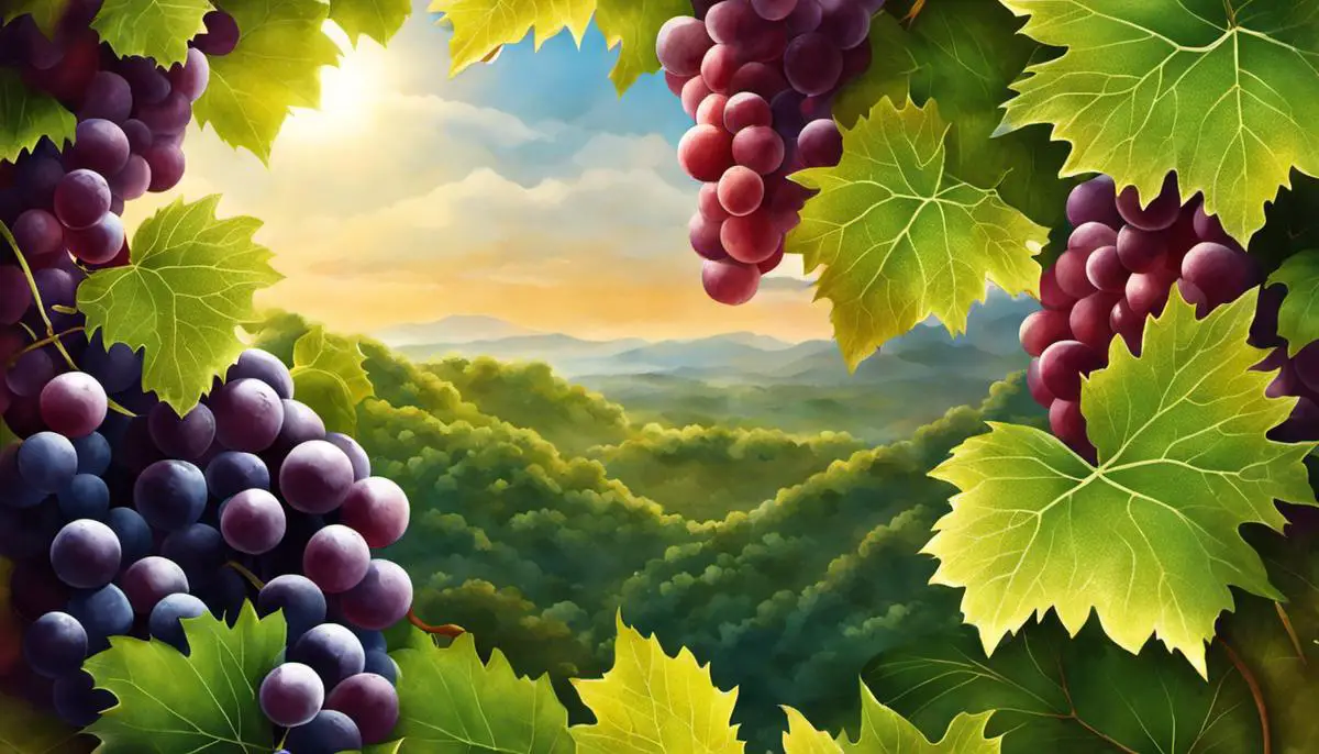 Illustration of grape leaves symbolizing growth, prosperity, and transformation in dreams