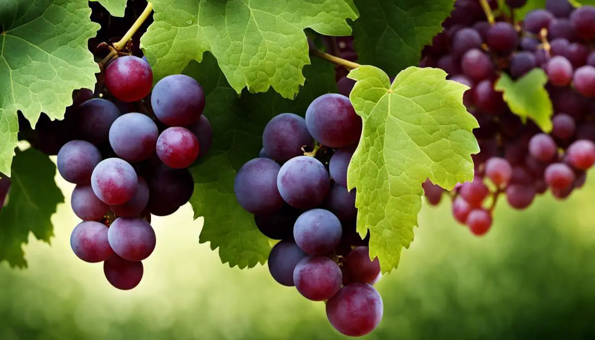 A cluster of grapes hanging from a vine, symbolizing abundance and prosperity.