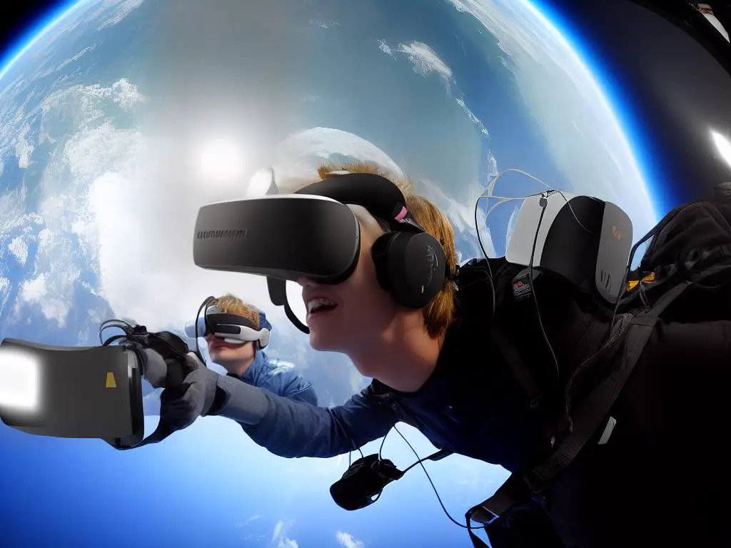 A person wearing a VR headset, floating in space, experiencing a sensation of weightlessness.
