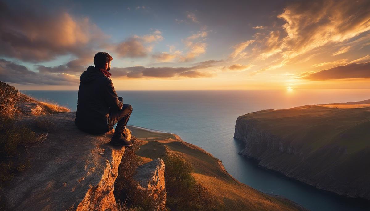 Person sitting on a cliff looking at the sunset with a sense of melancholy and contemplation