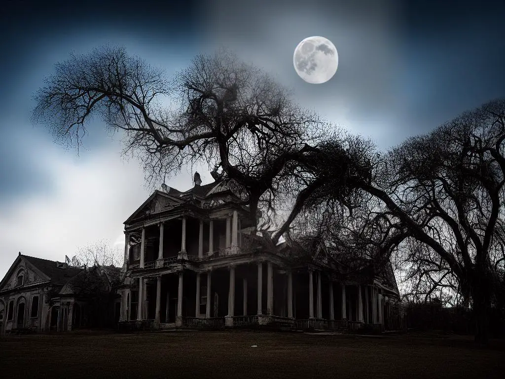 A dark and eerie image of a looming haunted mansion with broken windows and a full moon in the background.