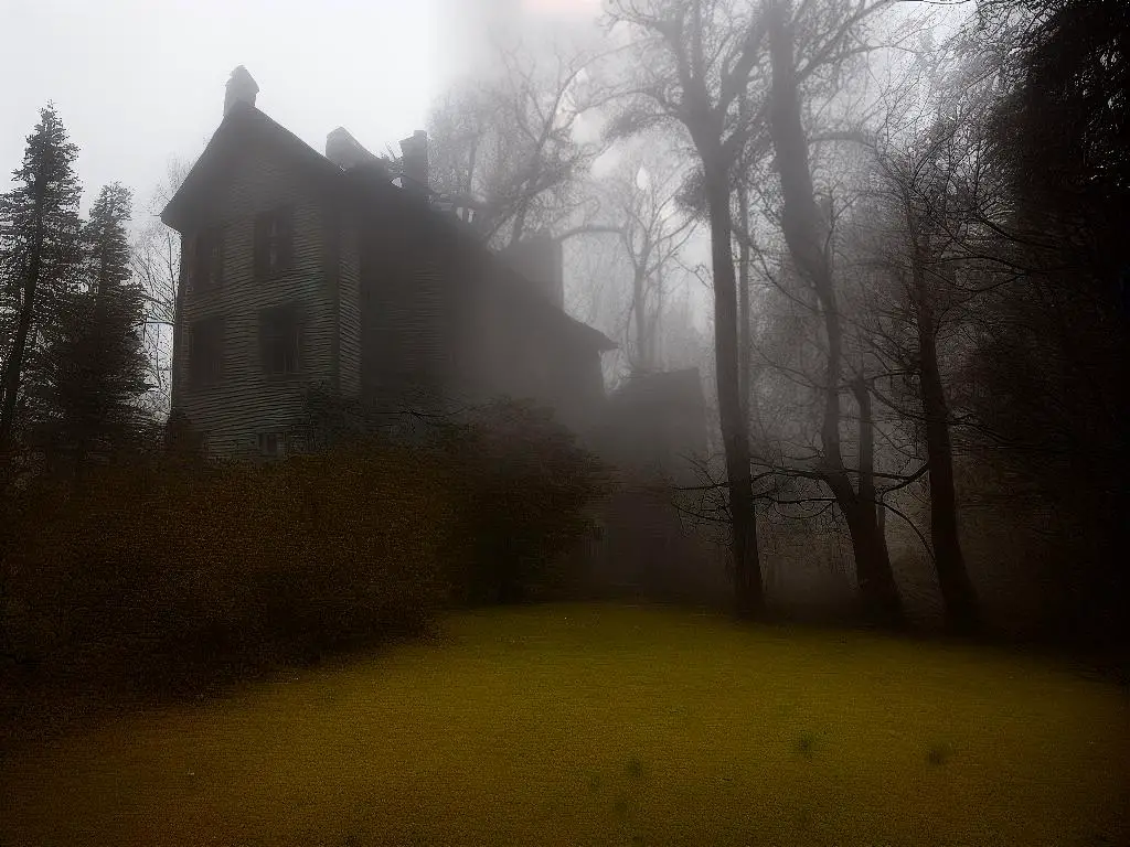 A dark, eerie mansion nestled in a foggy forest, with broken windows and a crooked chimney leaning to one side. The mansion looks abandoned and creepy.