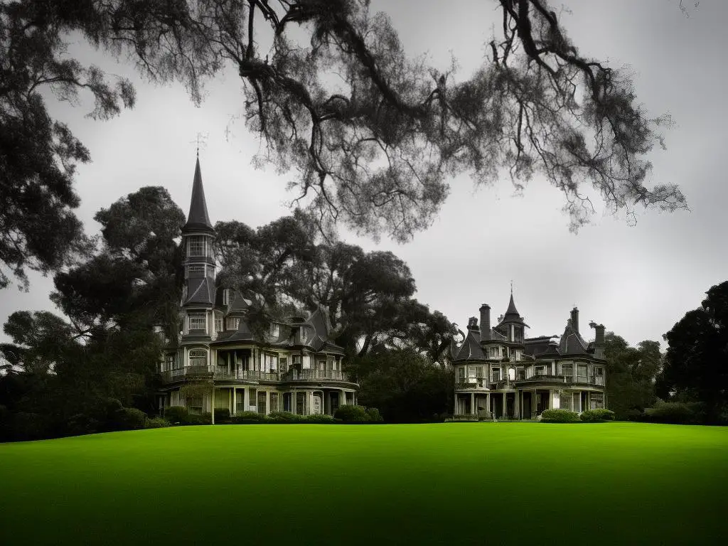 A spooky old Victorian mansion with a dark sky and ominous atmosphere that captures the essence of haunted mansion dreams.