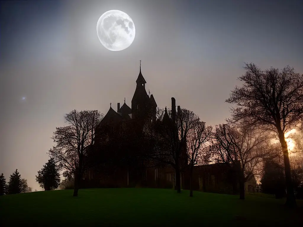 A dark, gothic mansion surrounded by mist, with a full moon looming in the background