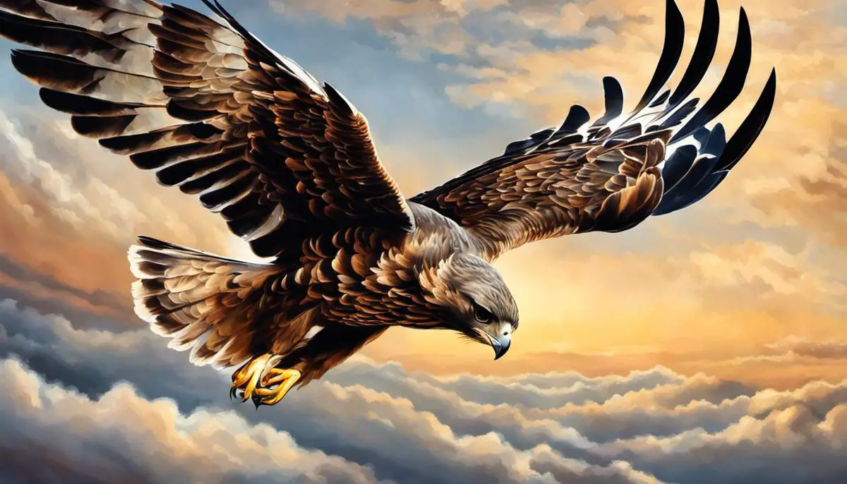 Illustration of a hawk flying in the sky, symbolizing freedom, strength, and clarity of vision in dreams.