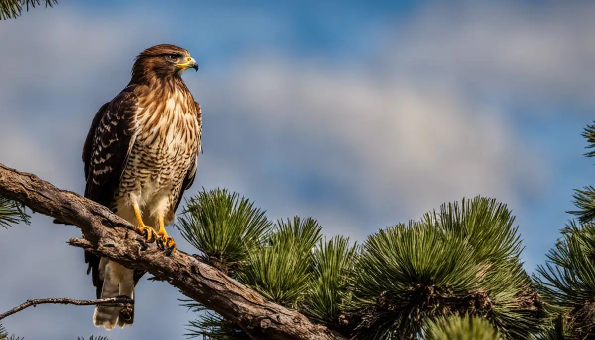 A hawk perched on a branch, looking out into the distance