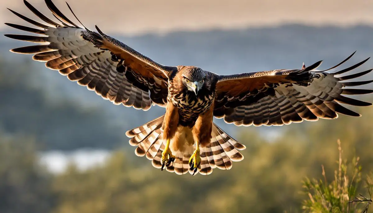 The image depicts a hawk mid-flight, with its wings spread wide, capturing the essence of strength and grace.