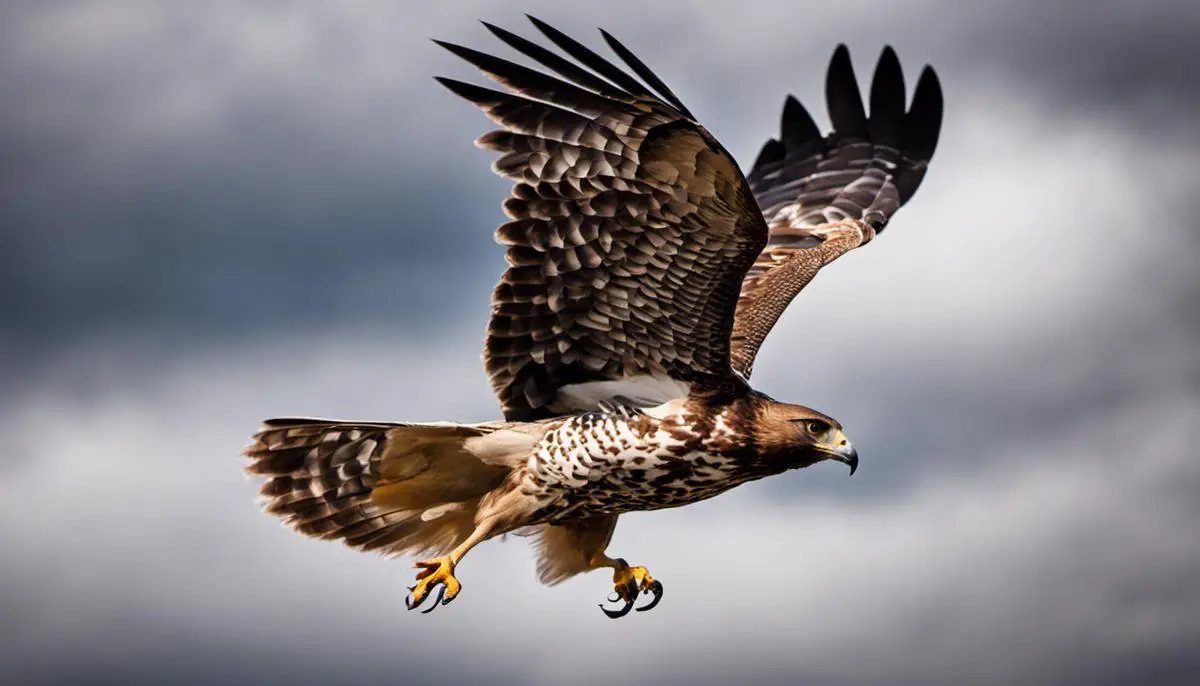 Image of a hawk flying in the sky with its wings spread wide