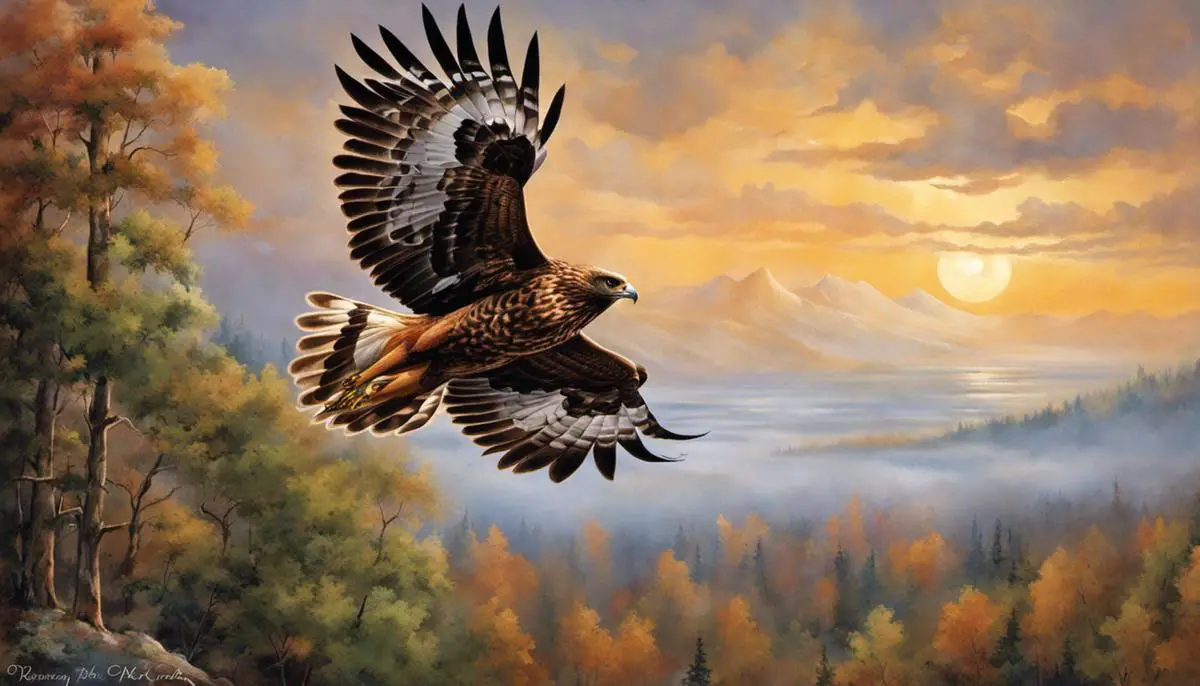 Interpretation of Hawk Dreams in Native American Tradition: A hawk soaring high in the sky, carrying a message from the spirit world to the physical world.