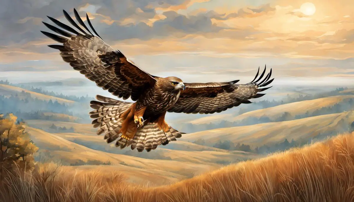 Illustration of a hawk flying over a dreamy landscape