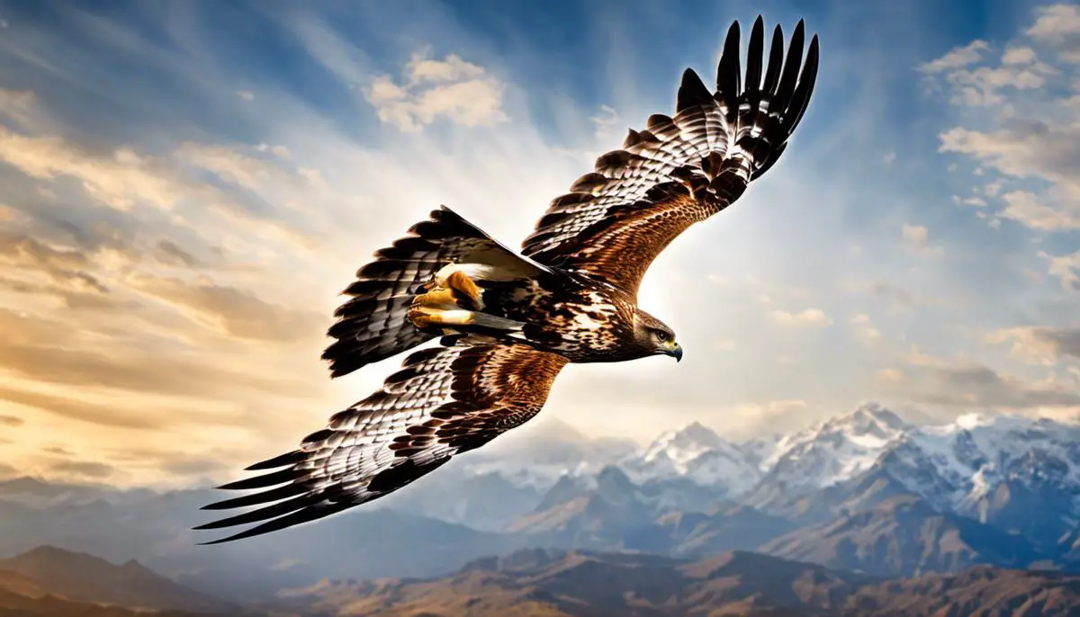 An image of a majestic hawk soaring through the sky, representing its symbolism and spiritual significance.