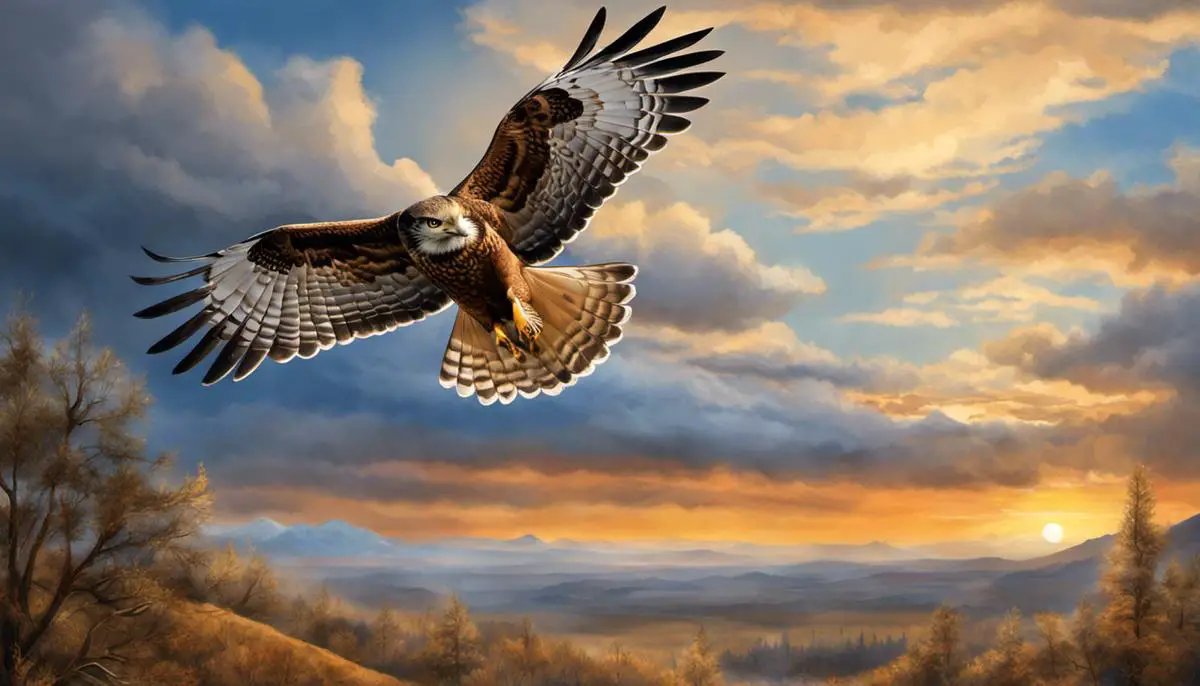 Illustration of a hawk soaring in the sky, representing the spiritual symbolism in Native American traditions