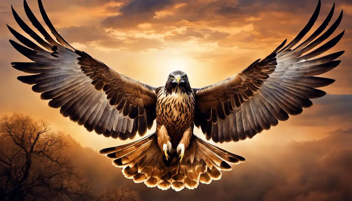 Illustration of a hawk flying in the sky, symbolizing strength and guidance from the spiritual realm.