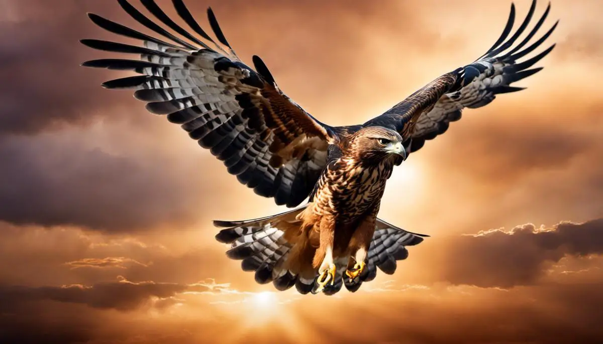 An image of a hawk soaring through the sky, representing its symbolic significance as a spirit animal and its connection to enlightenment and insight.