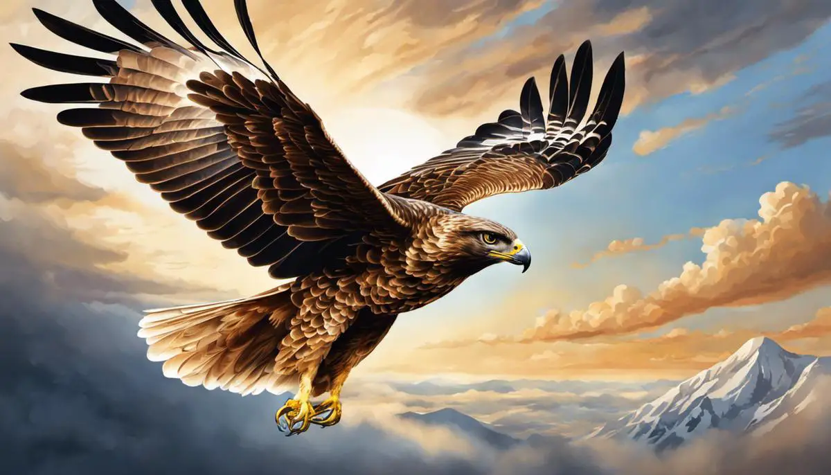 Illustration of a majestic hawk soaring in the sky, symbolizing power and wisdom.