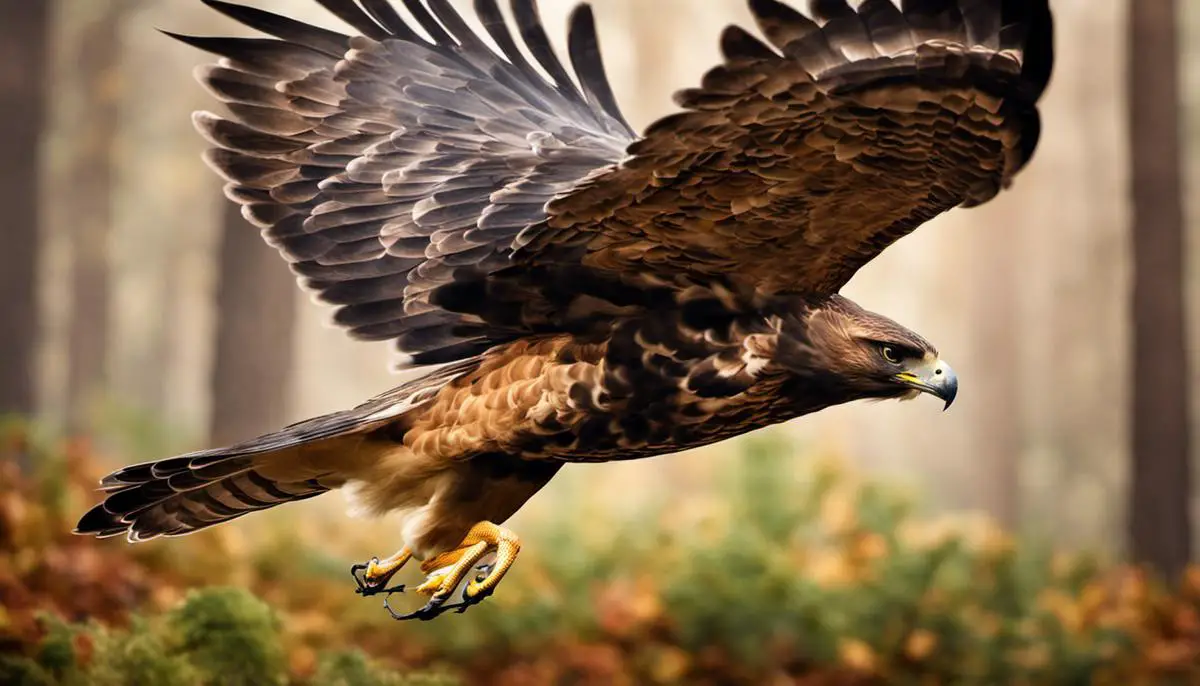 Image of a hawk flying above a forest, representing the symbolism of hawks in various cultures