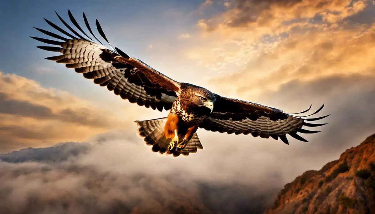 Image of a hawk soaring high in the sky, representing the symbolism and significance of the Hawk Totem in dreams.