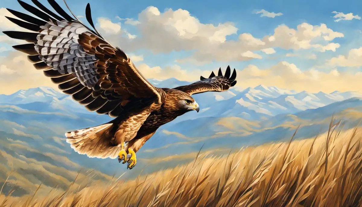 Illustration of a hawk soaring under a clear blue sky