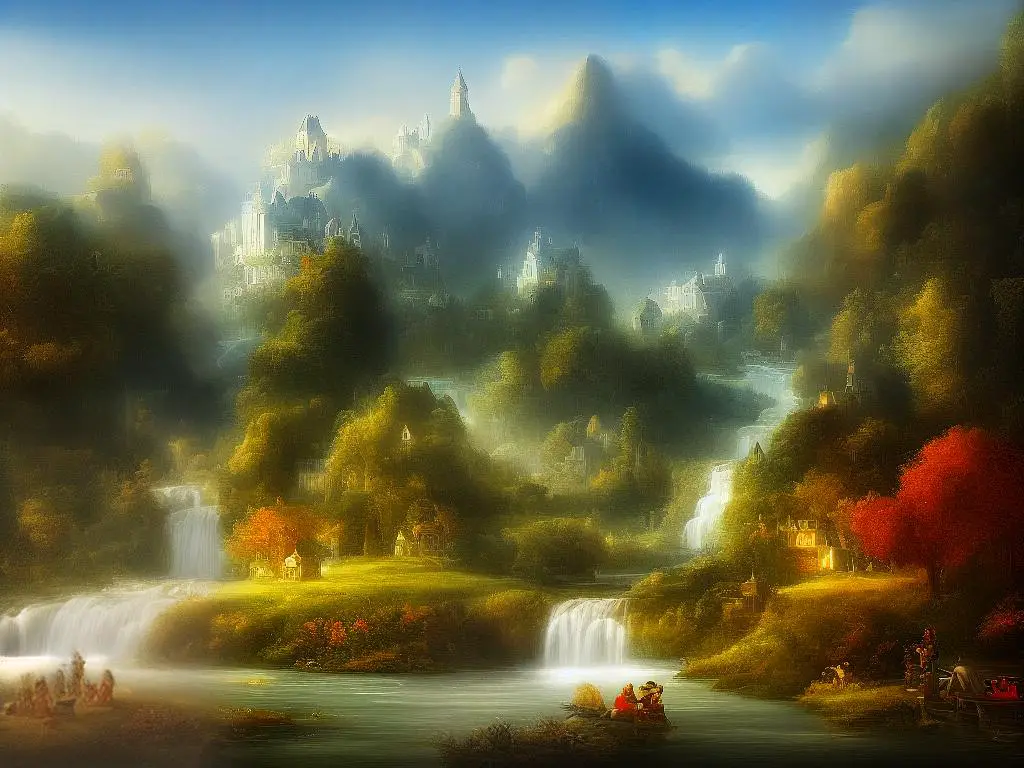 A fantastical painting of a hidden magical village, with towering trees, mystical creatures, and a sparkling river running through the center.