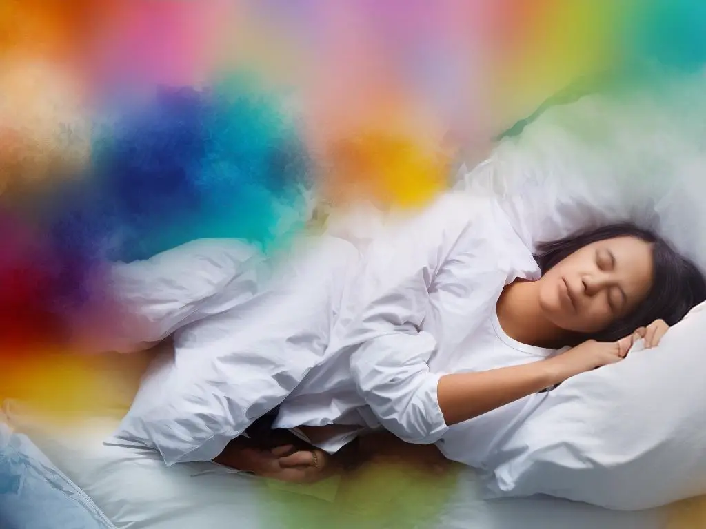 A person sleeping peacefully in a bed with a thought bubble full of colorful dreams above their head.