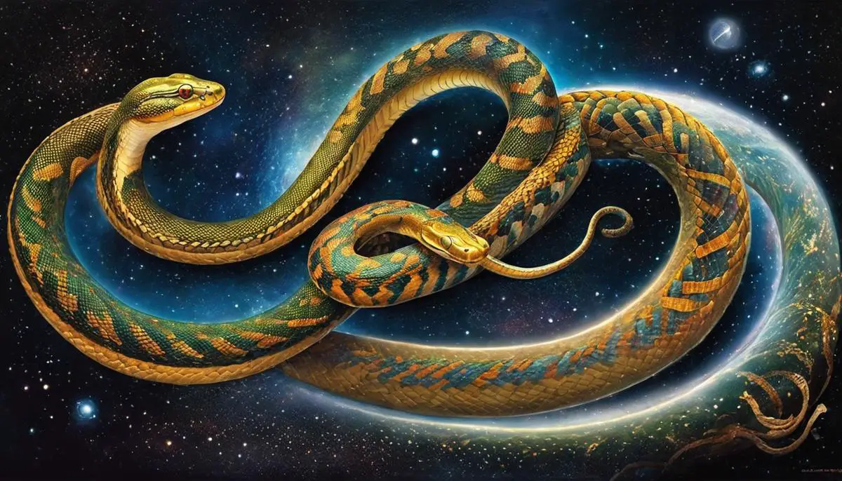 An image depicting the cosmos intertwined with a snake, representing the connection between dreams and snake symbolism in Hindu astrology.