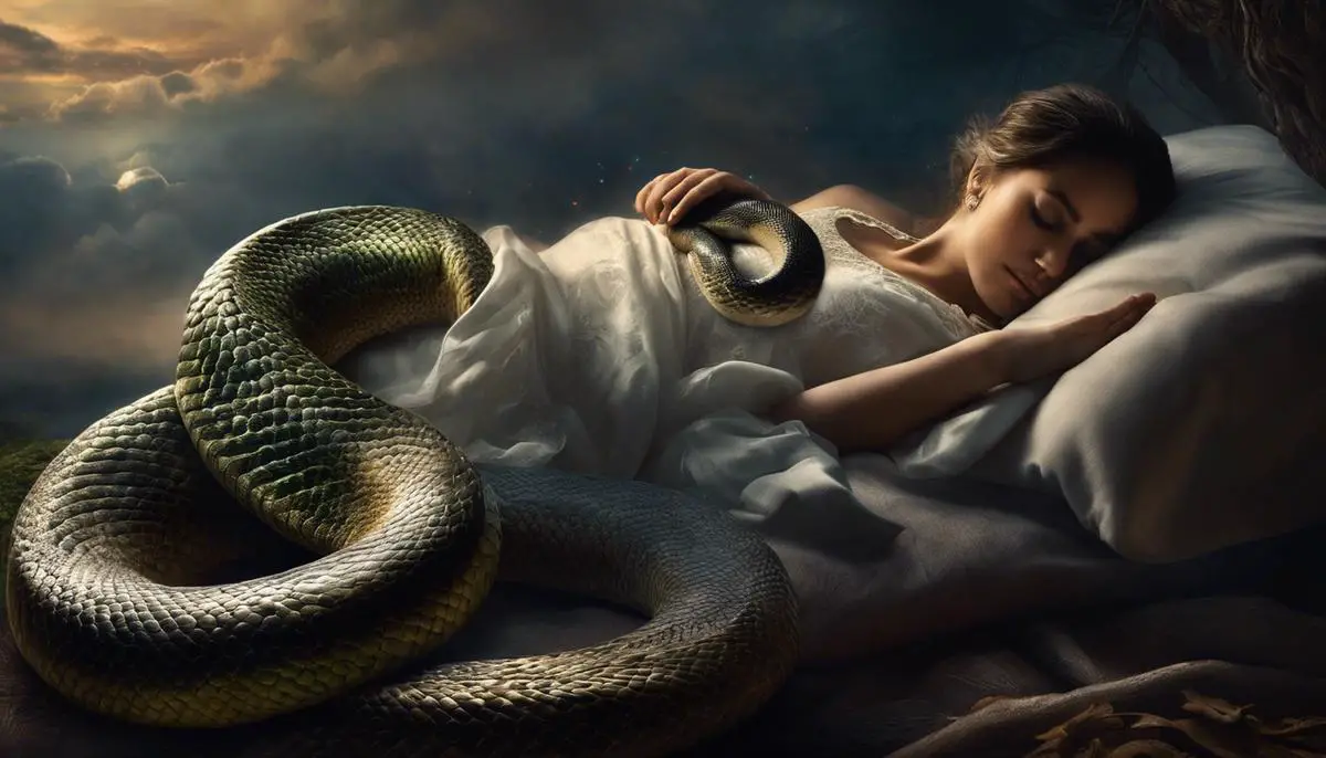 Image depicting a person in a peaceful sleeping position with a snake emerging from their dream, representing the topics discussed in the text.