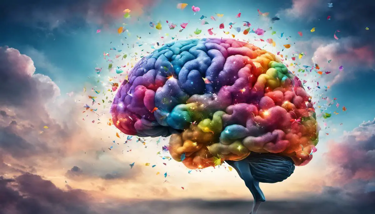 Image of a brain with colorful dream elements flying out, representing the impact of Lexapro on dreams.