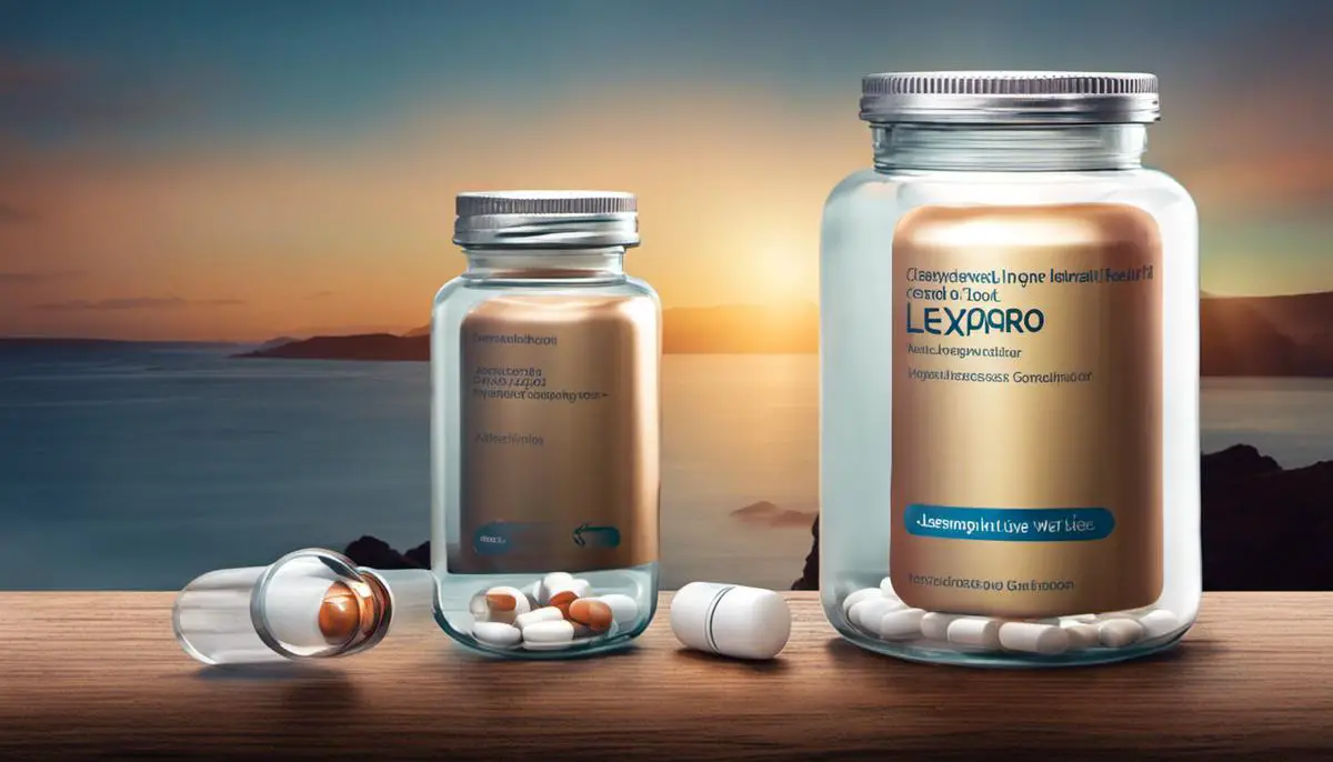 A pill bottle of Lexapro, with the brand name clearly visible, surrounded by a serene background signifying improved mental health.