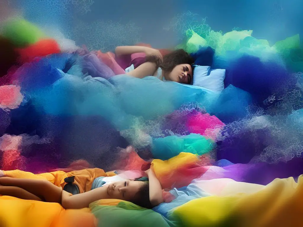 A person sleeping in a bed, with colorful and surreal dream images floating around them.
