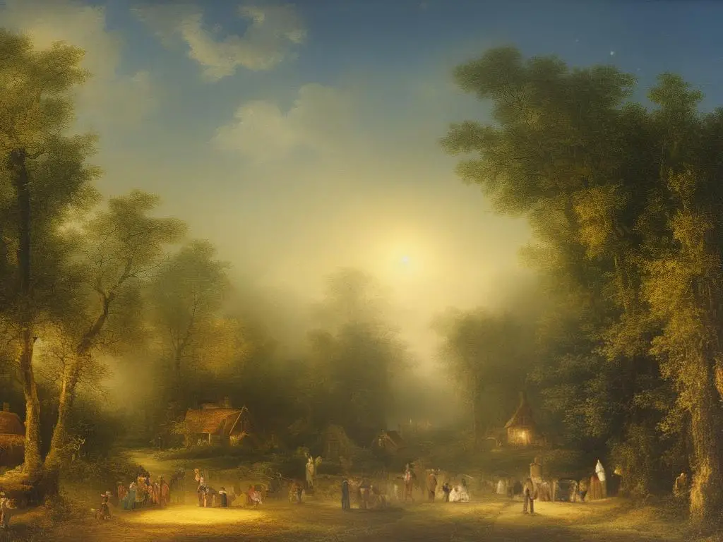 A painting of a magical village in a forest, with tall trees and glowing orbs in the sky.