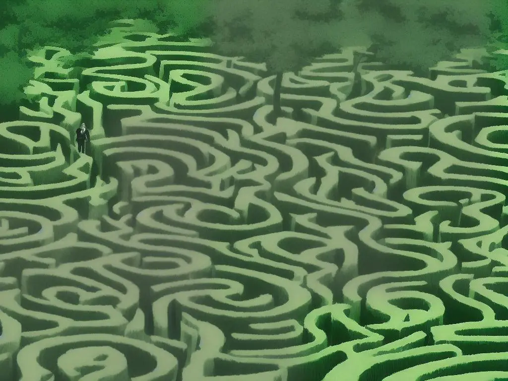 Maze illustration depicting a person walking through the labyrinthine landscape.
