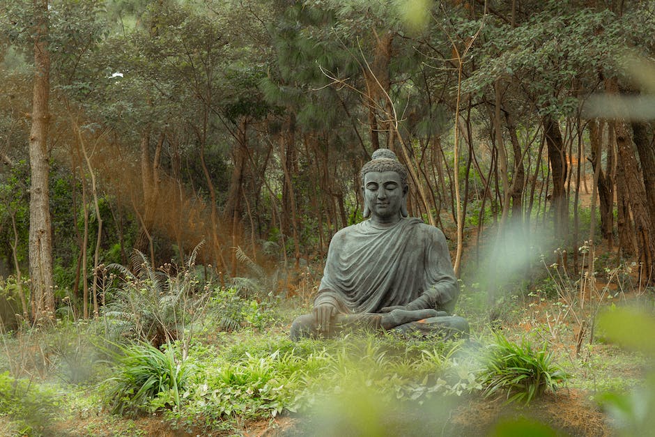 A person sitting peacefully with eyes closed with a serene Buddha statue in the background.