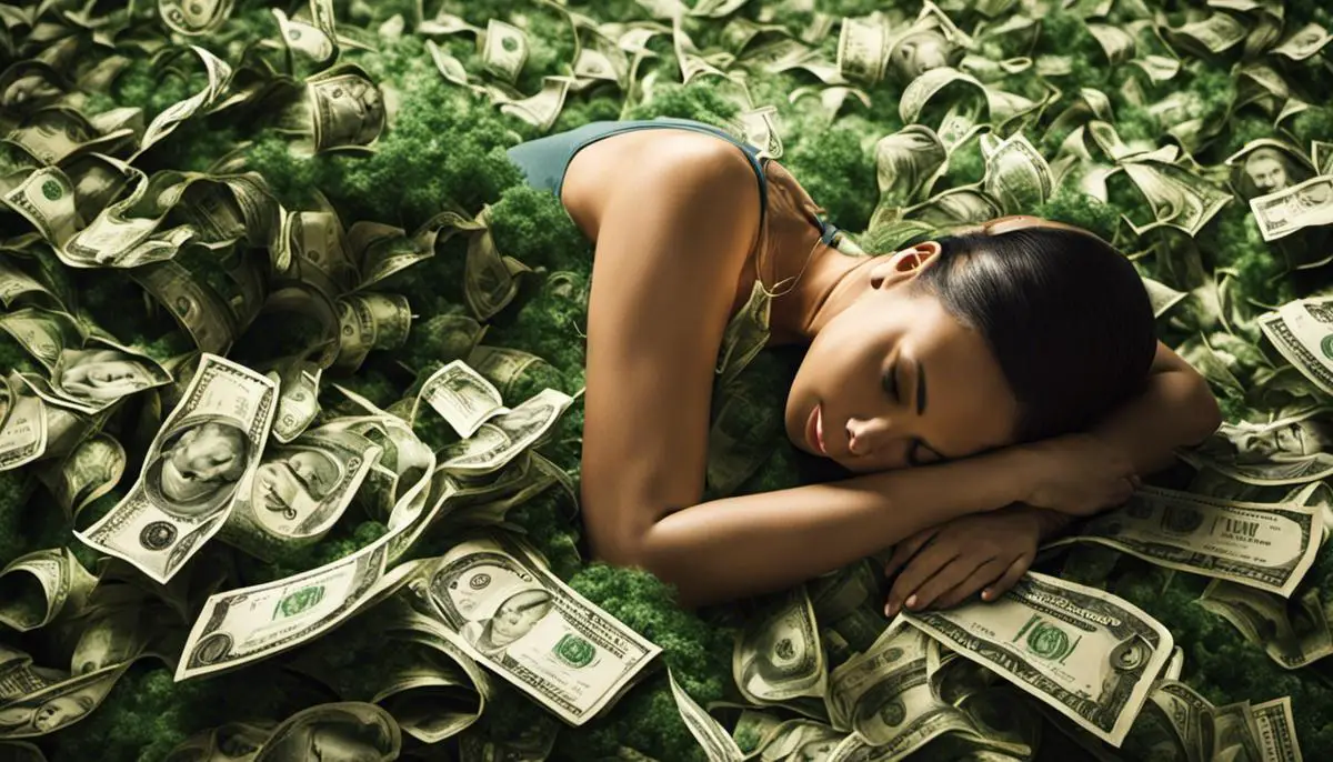 An image of a person sleeping and surrounded by floating money symbols.