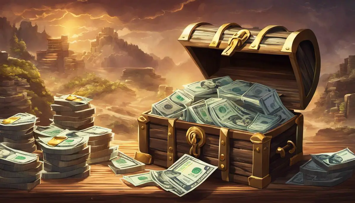Illustration of stacks of cash and a treasure chest, symbolizing wealth and prosperity in dreams.
