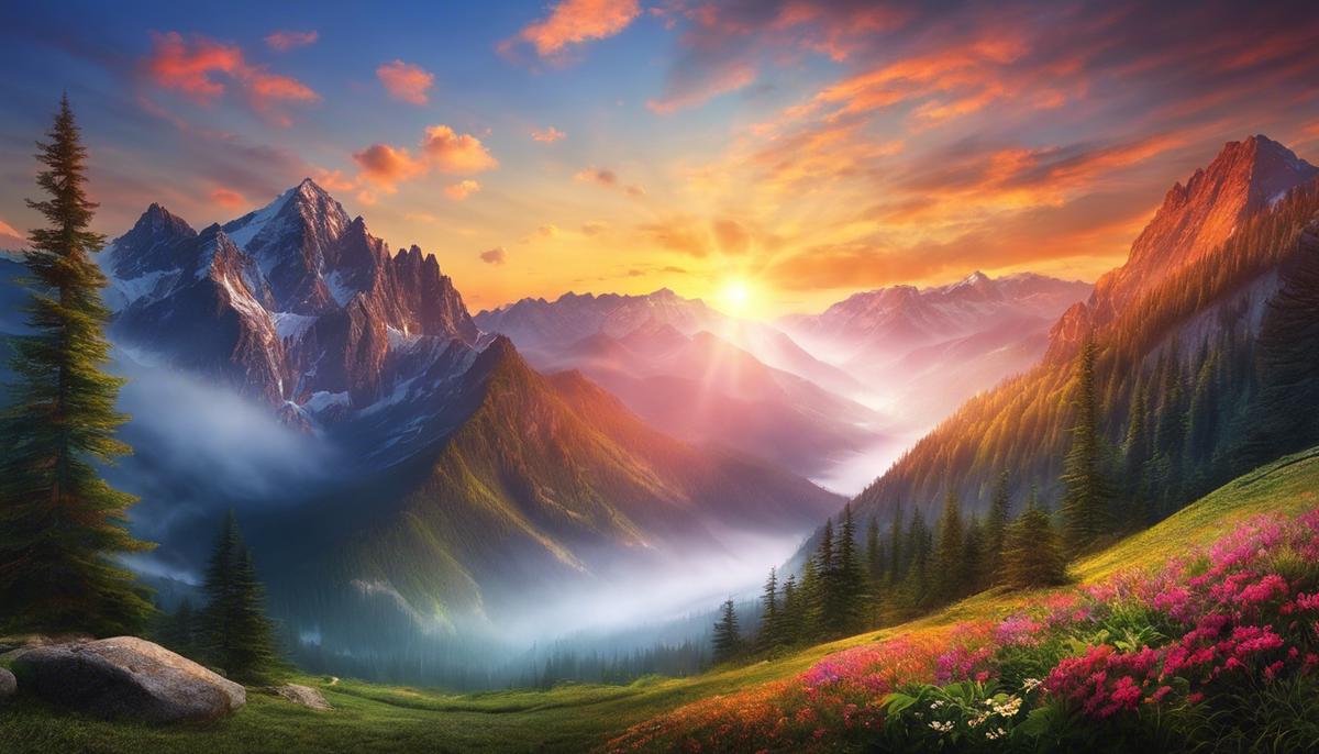 A picturesque mountain landscape with a vibrant sunrise, symbolizing the journey of self-awareness and personal growth