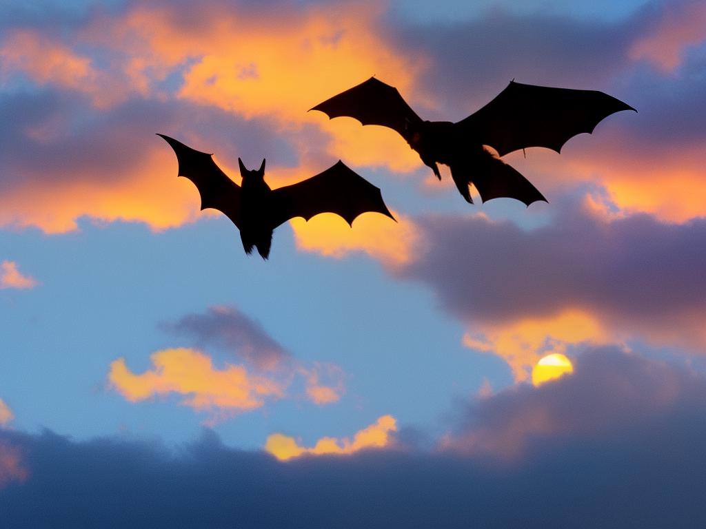 An image representing Native American bat symbolism, with a bat flying over a sunset-colored sky.