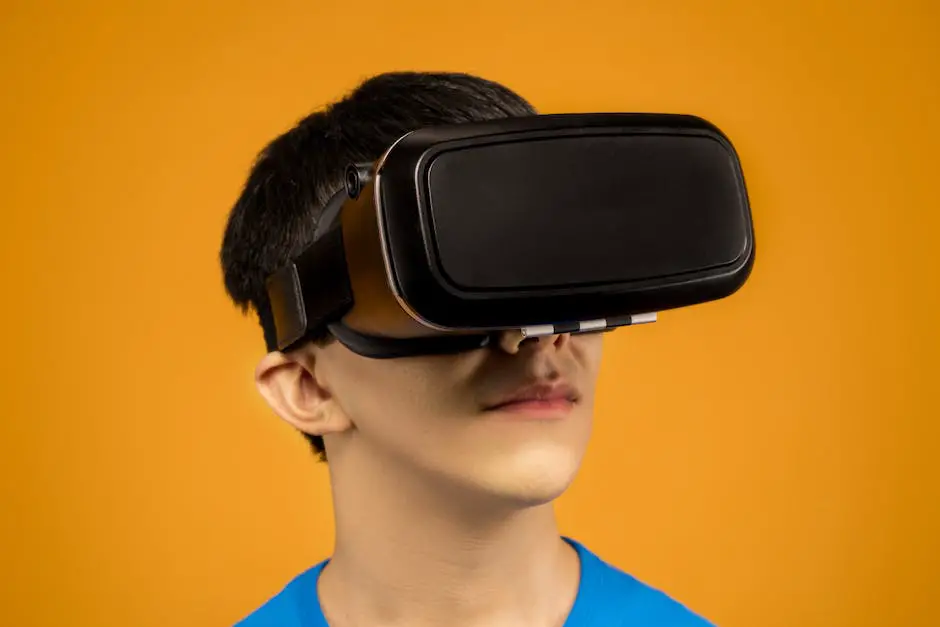 A person wearing a VR headset holding a controller, with a virtual world surrounding them.