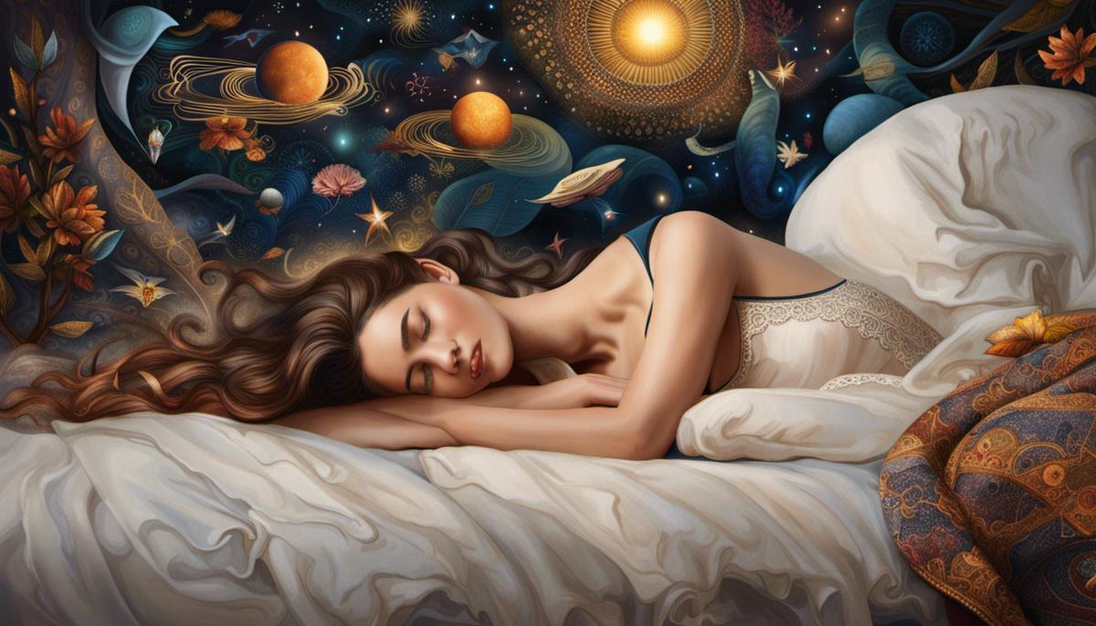 An image depicting a person laying in bed with closed eyes and various dream-like imagery surrounding them.