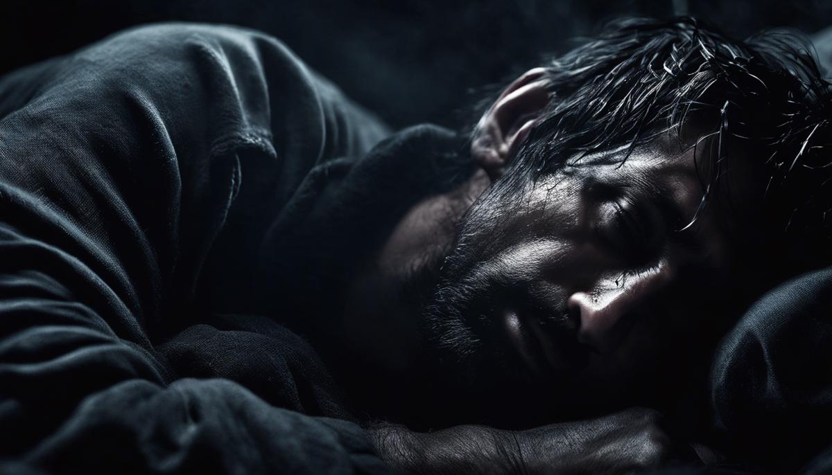 A dark and eerie image depicting a person waking up in a cold sweat from a nightmare, with haunting shadows and a sense of fear.