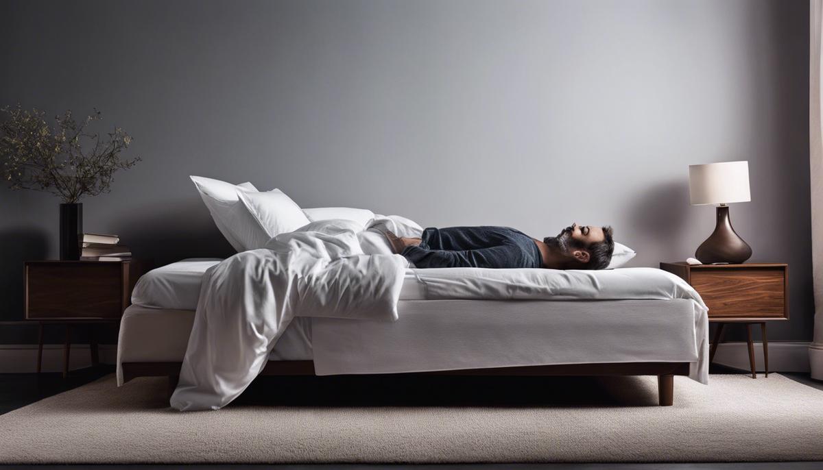 A person laying on a bed and appearing restless, representing the topic of nightmares and the ethical considerations surrounding medication use.