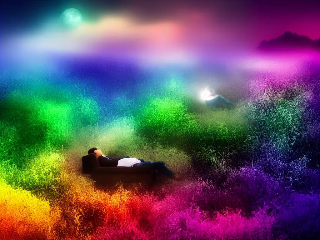 A person sleeping and dreaming colorful vivid images surrounded by a cloudy and obscure atmosphere representing past life experiences.