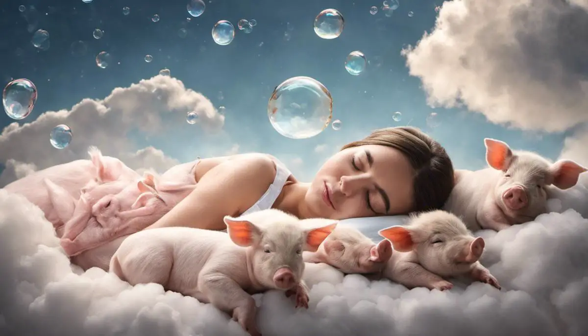 Image of a person sleeping on a cloud with piglets and bubbles floating around them, representing dreams about piglets